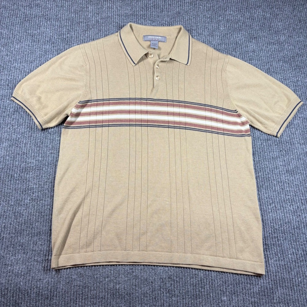 Pierre Cardin Shirt Mens L Tan Striped Knit Polo Short Sleeve Cotton Blend